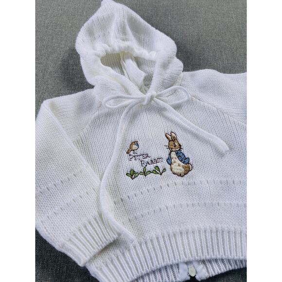 Vintage Quiltex Baby Hooded Sweater 0-6 Mo Peter Rabbit Ivory Beatrix Potter - Picture 2 of 5